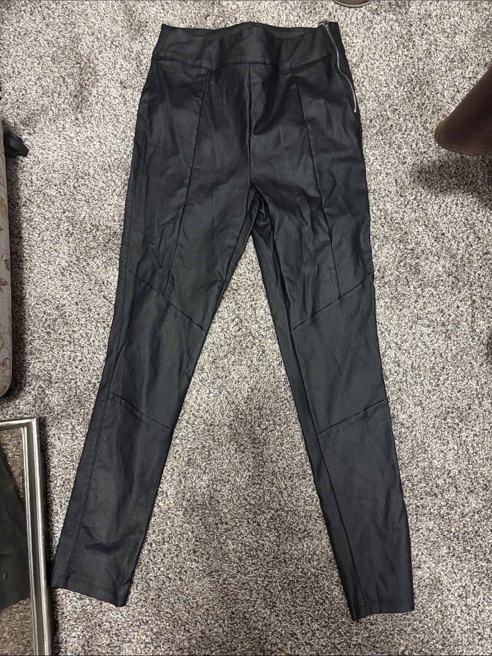 Chocolate Black Faux-Leather Panel Slim Pants